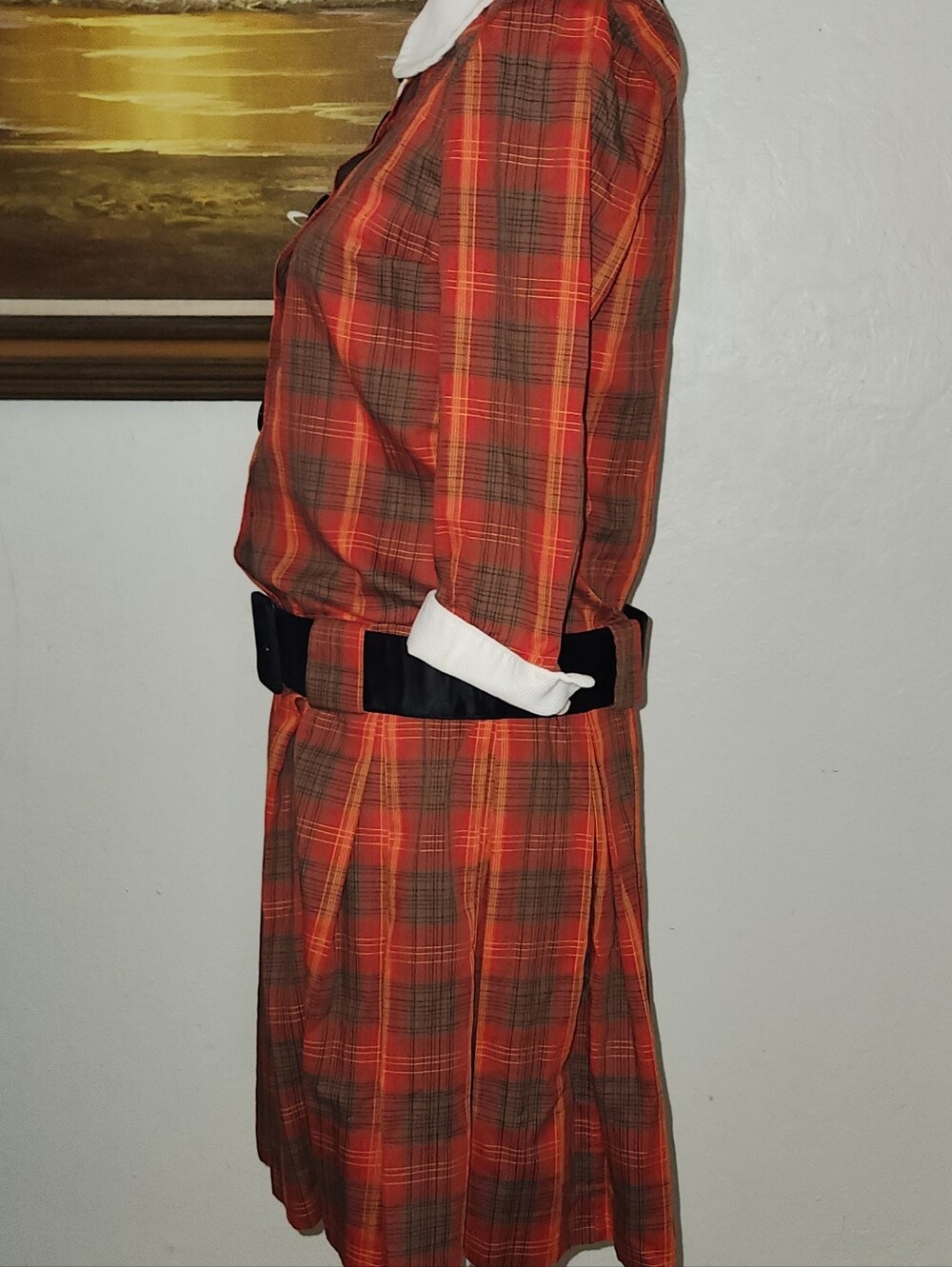Vintage 1960s Red Plaid Drop Waist Button Front Belted Pleated Dress - Picture 13 of 15
